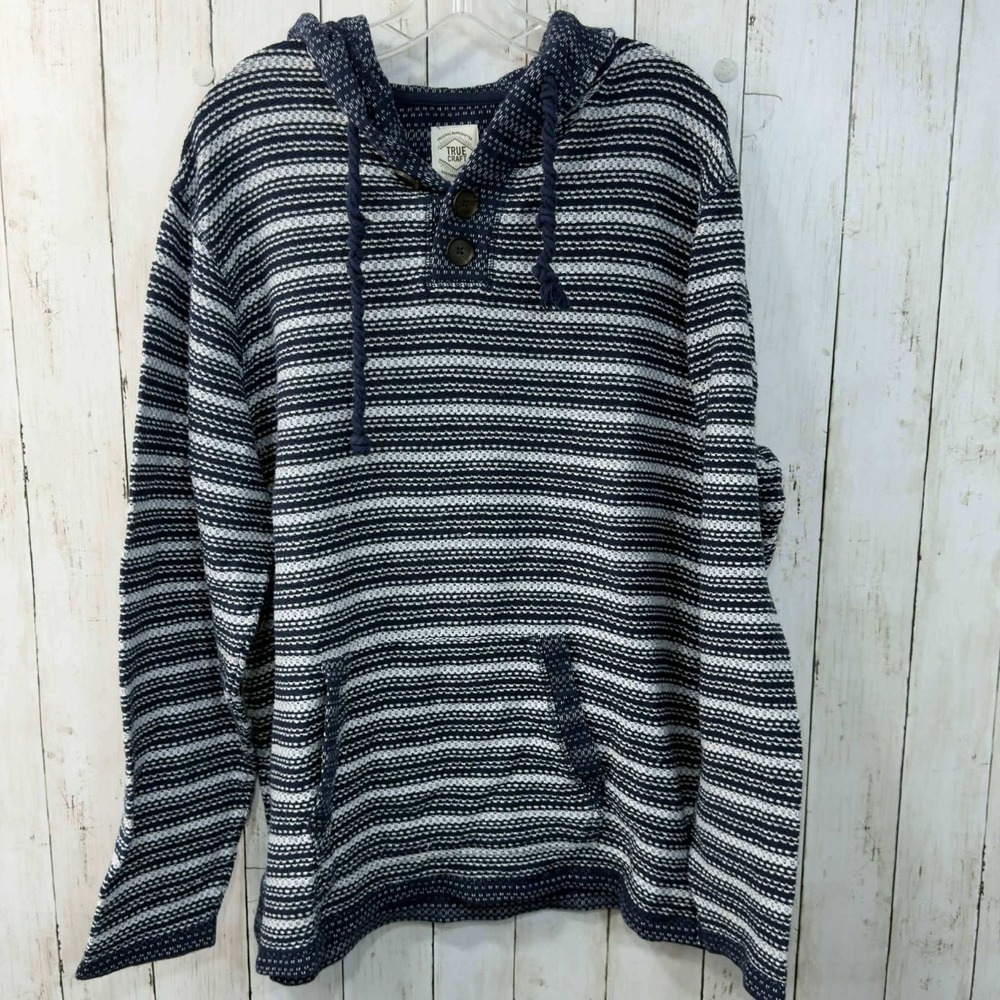 TRUE‎ CRAFT Men's Striped Henley Hoodie Pullover Sweater Size L